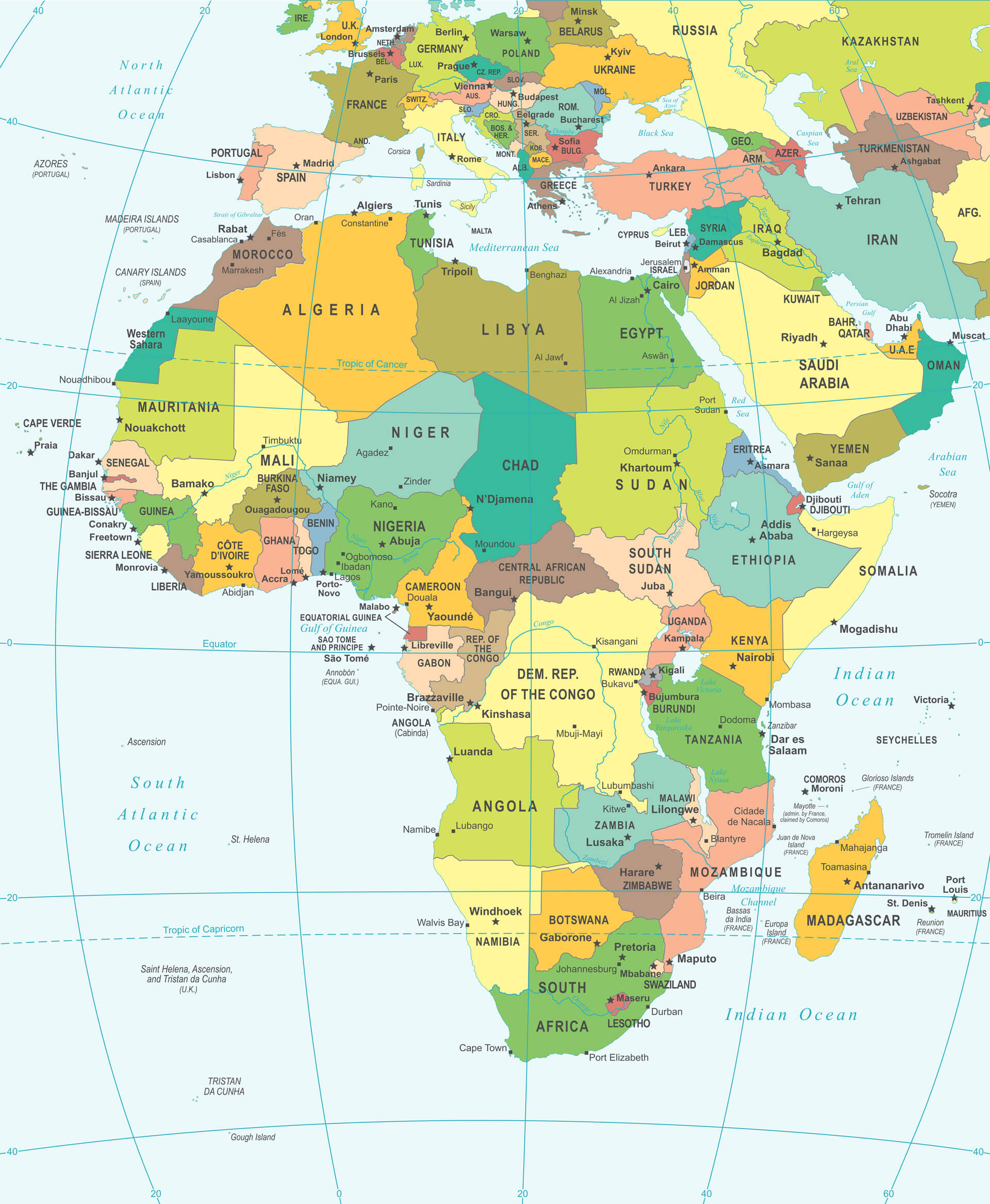 Ülkeler siyasi sınırları ile Afrika Haritası